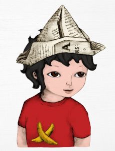 Drawing of a child wearing a paper hat