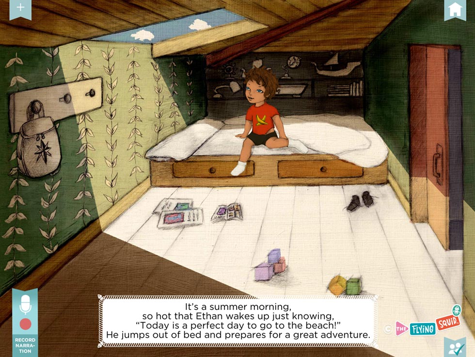 A drawing of a child waking up in a colorful room 