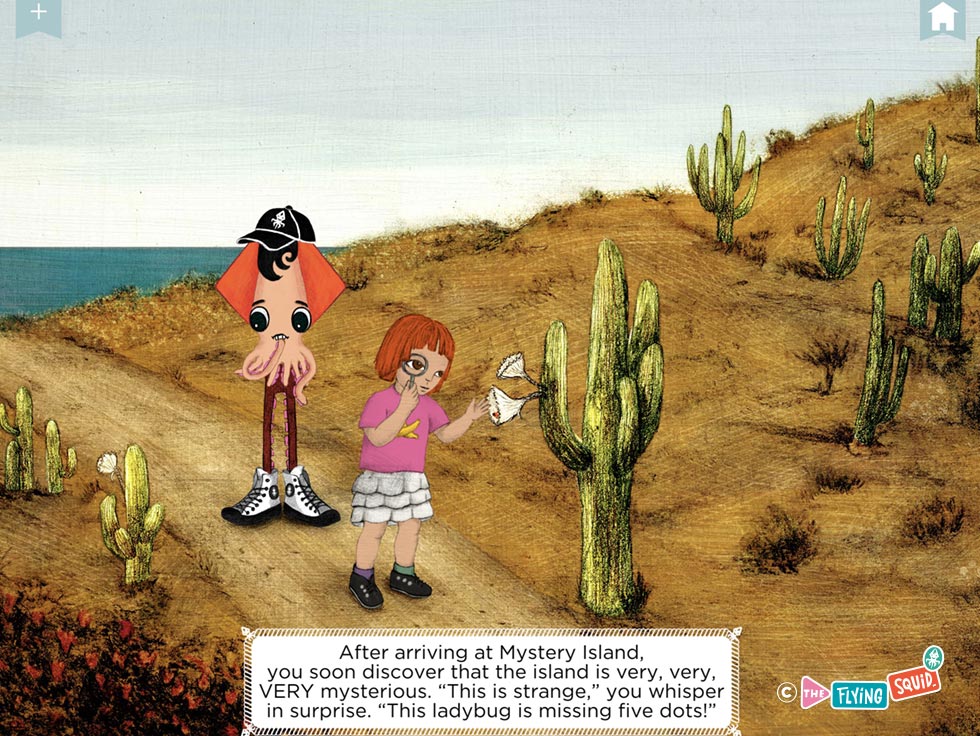 A drawing of a child and the Flying Squid on a desert with cactus