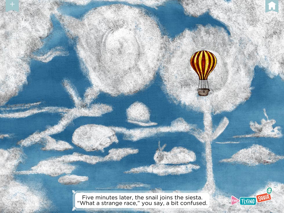 A drawing of clouds with animal shapes and a hot air balloon